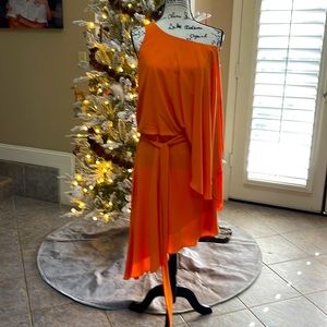 Halston Heritage orange asymmetrical Grecian goddess dress, size six.